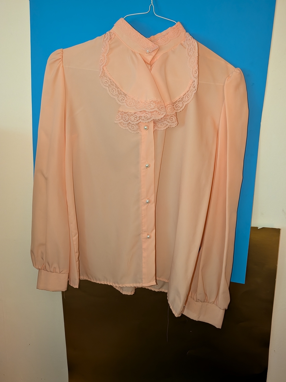Lace-Trim Peach Blouse with Pearl Buttons - Women